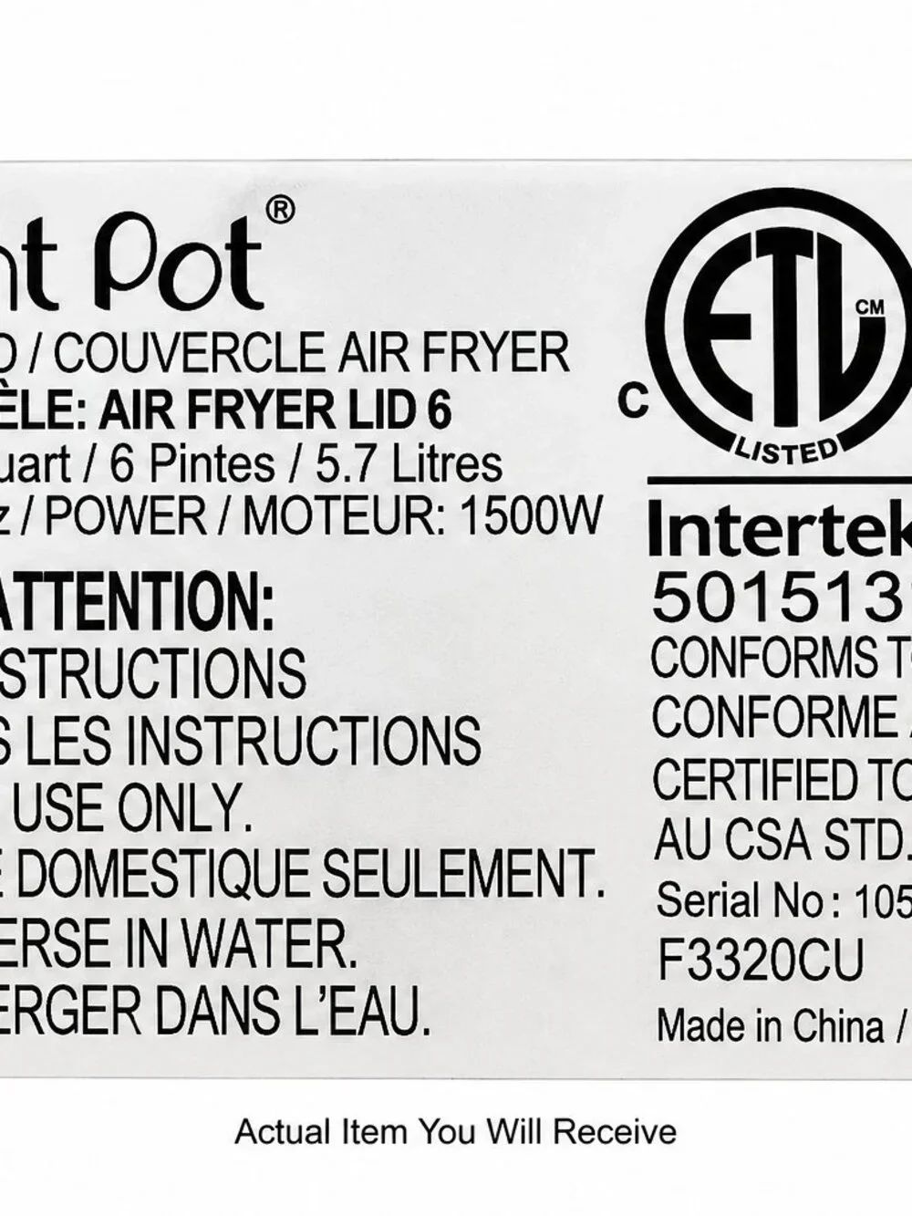 🍟 NEW Instant Pot 6 Qt Air Fryer Lid 6-in-1 Fry Roast Bake Broil Dehydrat